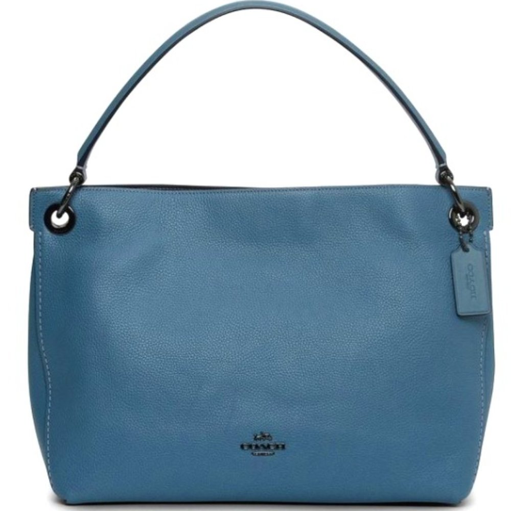 COACH CLARKSON PEBBLE LEATHER HOBO BAG IN BLUE / GUNMETAL
